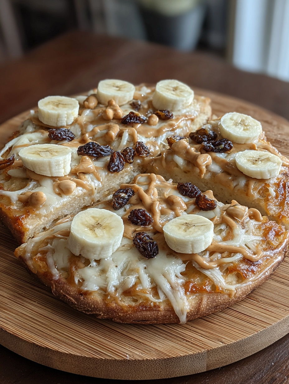 A slice of pizza with bananas and peanut butter.