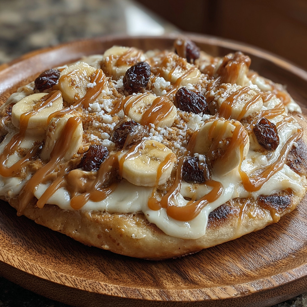 A pizza with bananas and caramel sauce.
