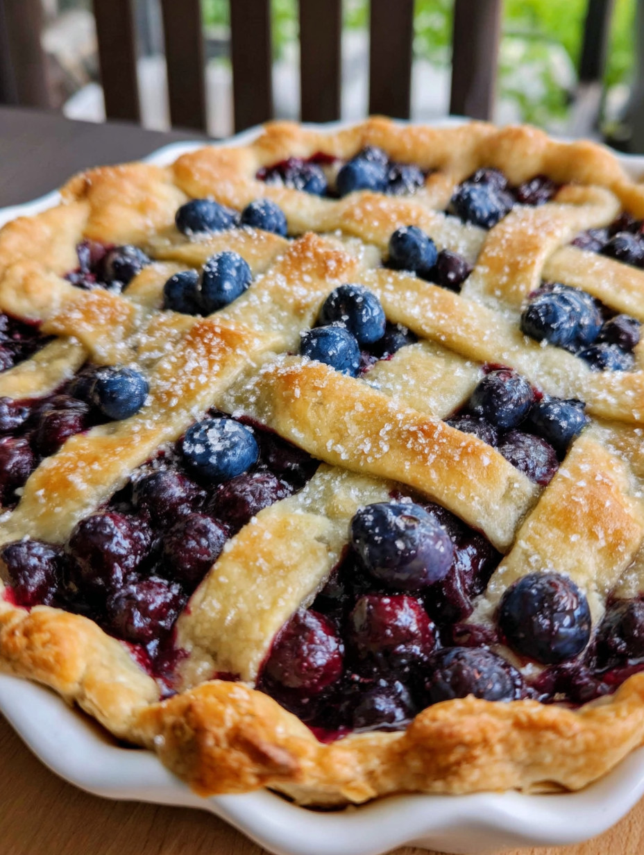 A blueberry pie with a lattice crust.
