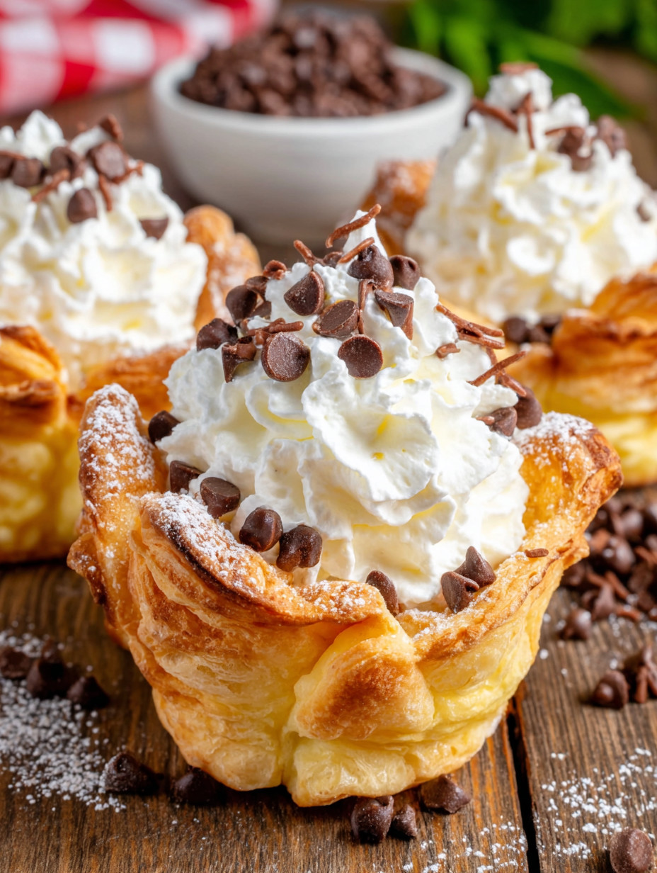 A pastry with white whipped cream and chocolate chips.