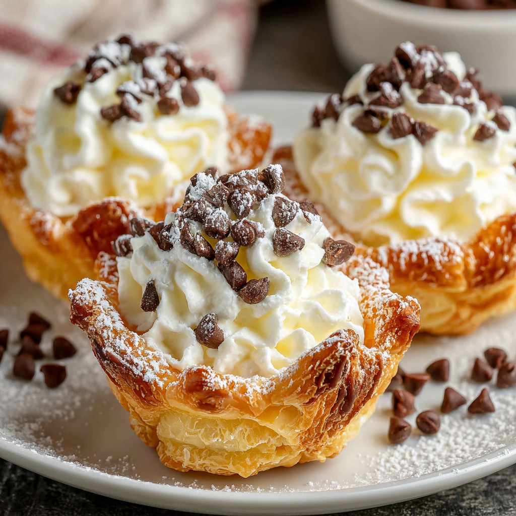 Three desserts with white whipped cream and chocolate chips.