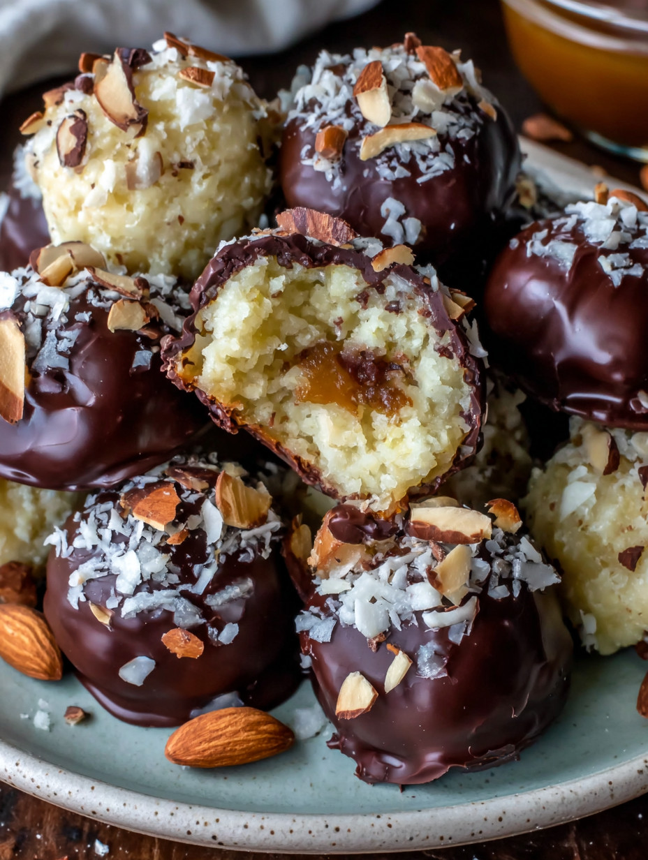 A plate of chocolate covered almonds.