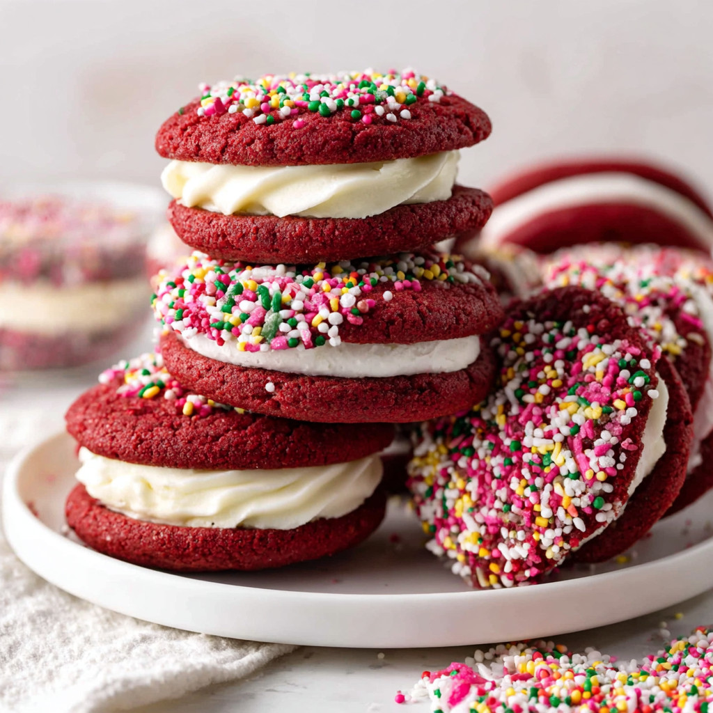 A stack of red velvet cookies with white frosting and sprinkles.
