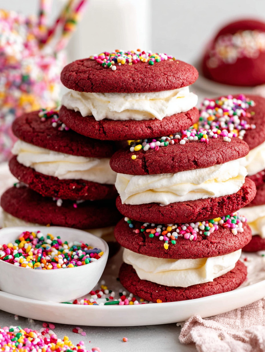 Red velvet cookies with white frosting.