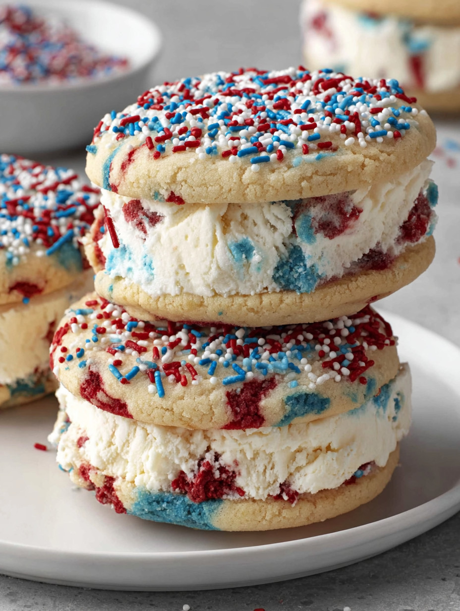 A stack of red, white and blue cookies.