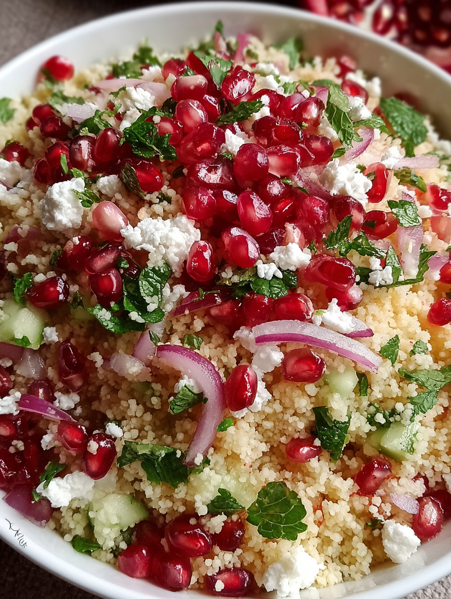 A bowl of food with pomegranate seeds and feta cheese.
