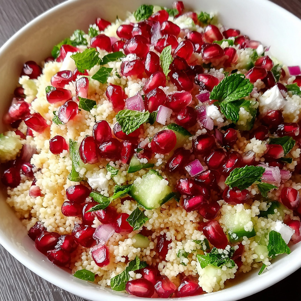 A bowl of food with pomegranate seeds and mint.