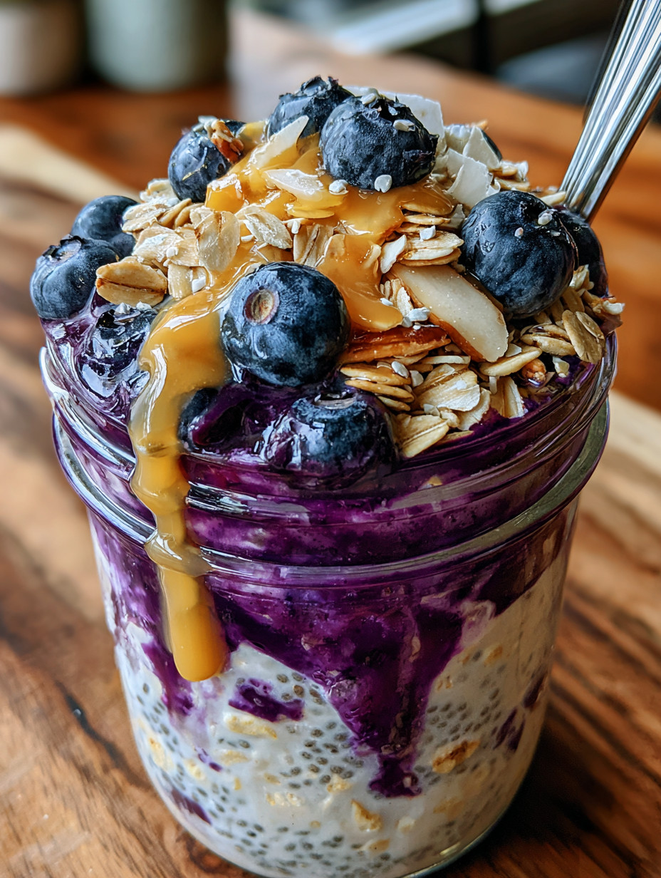 A glass jar filled with yogurt and granola.
