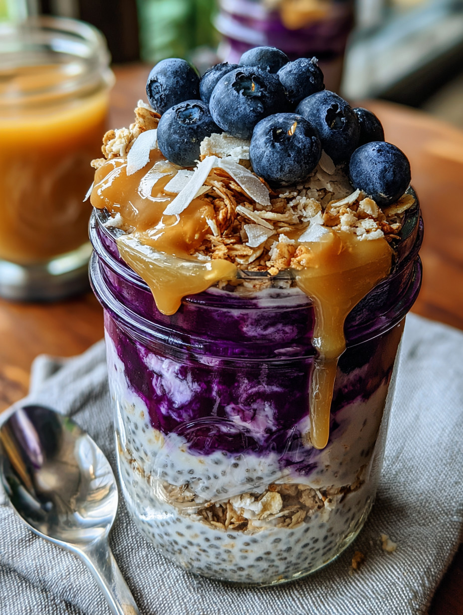 A glass jar filled with granola and blueberries.