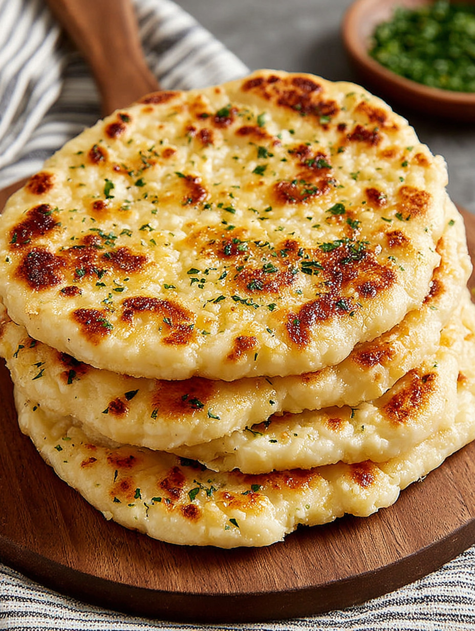 A stack of pita bread with herbs on top.