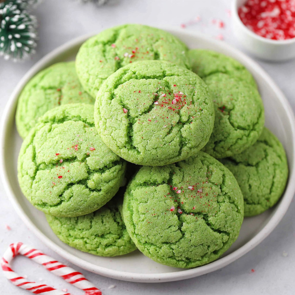 A plate of green cookies with red sprinkles.