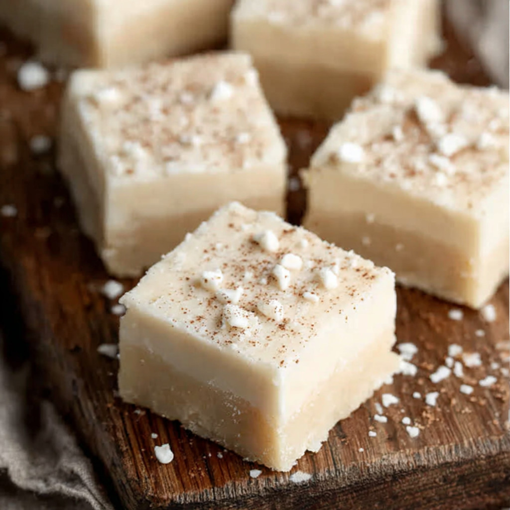 A wooden table with four square pieces of cake.