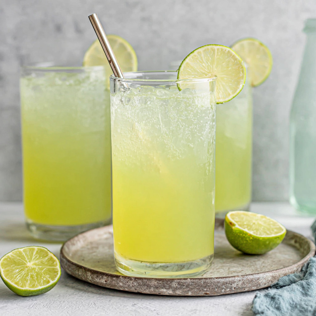 Three glasses of limeade on a table.