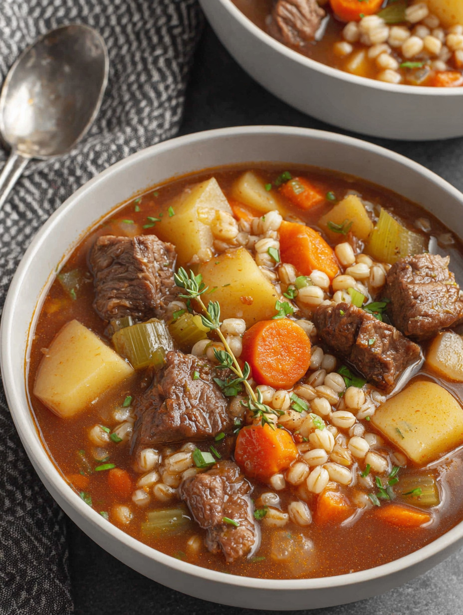 A bowl of soup with meat and vegetables.