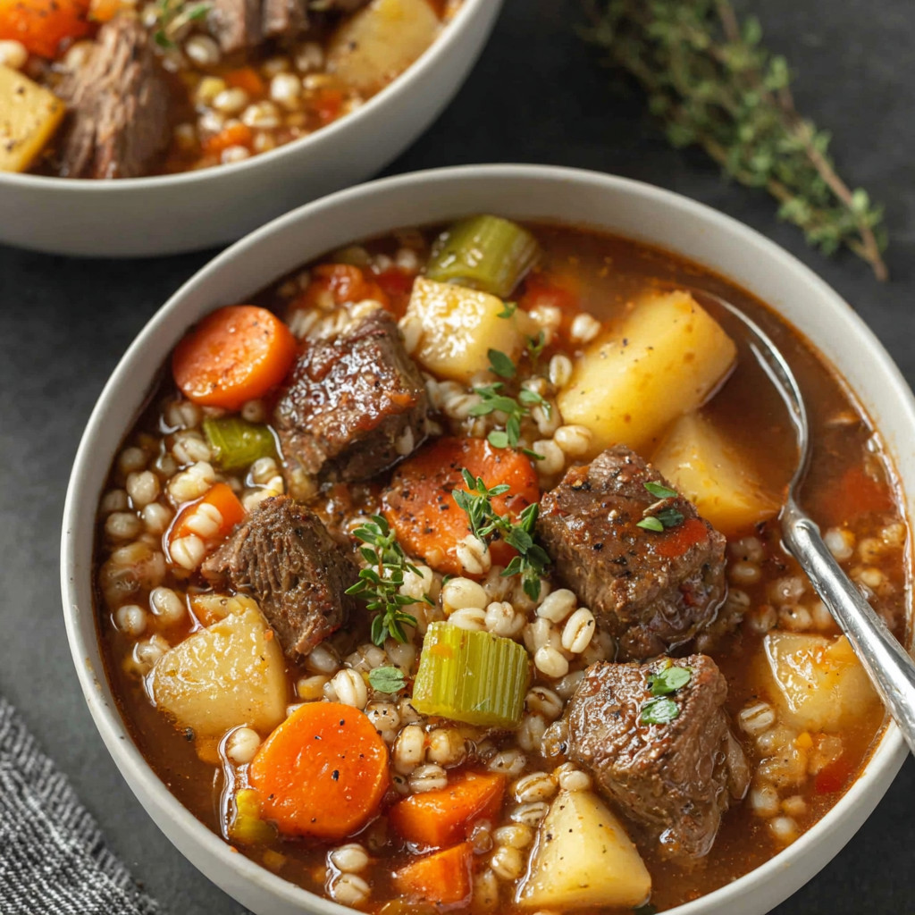 A bowl of soup with meat and vegetables.