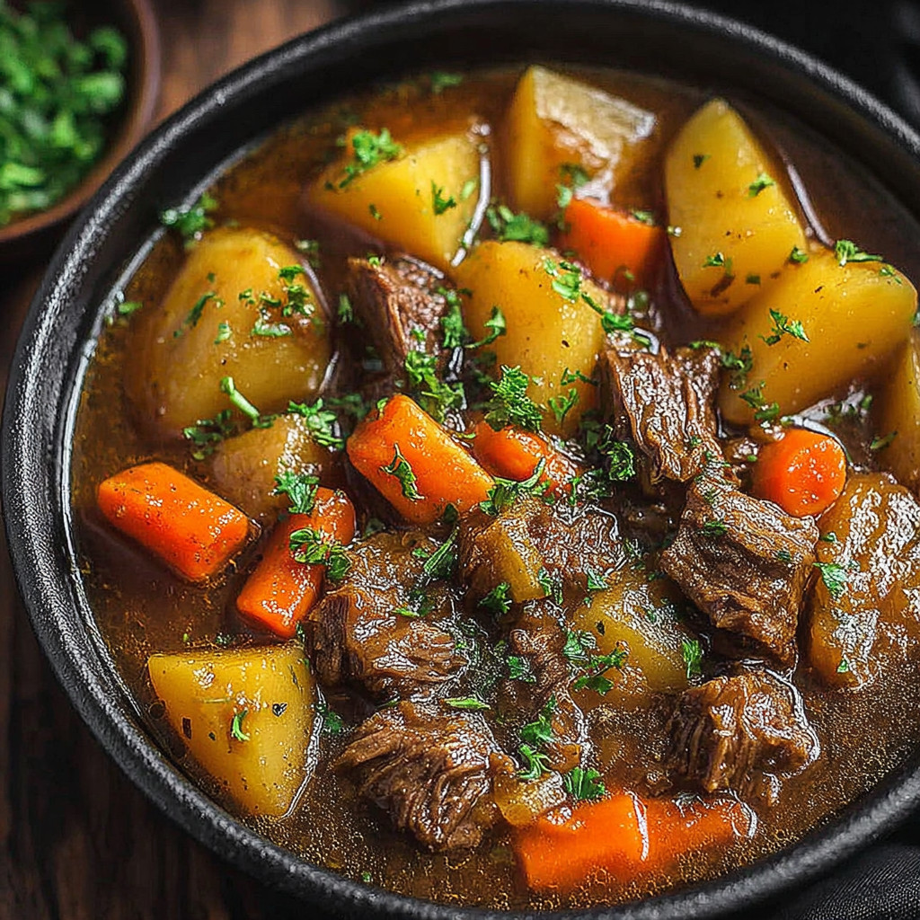 A bowl of stew with carrots and meat.
