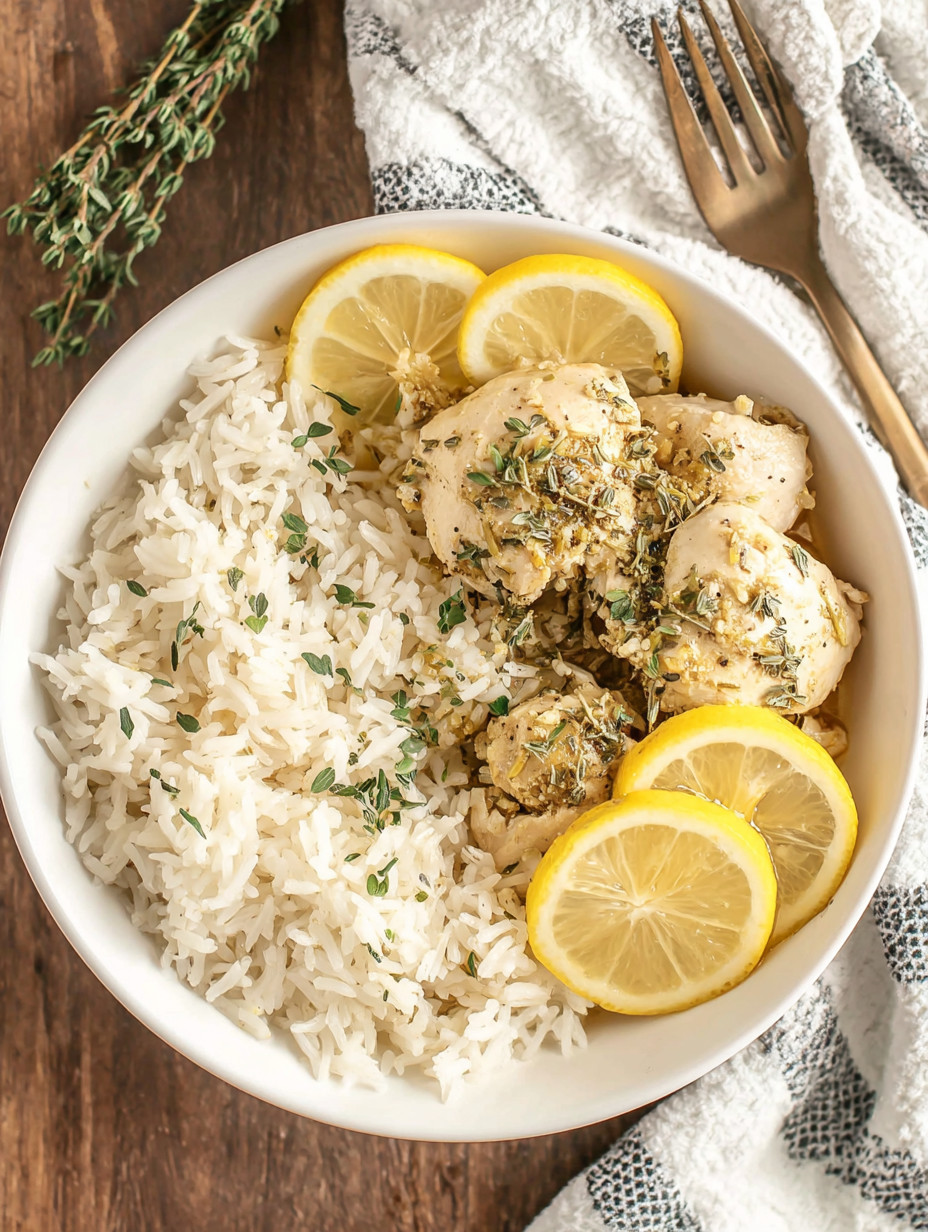 A bowl of rice and lemon slices.