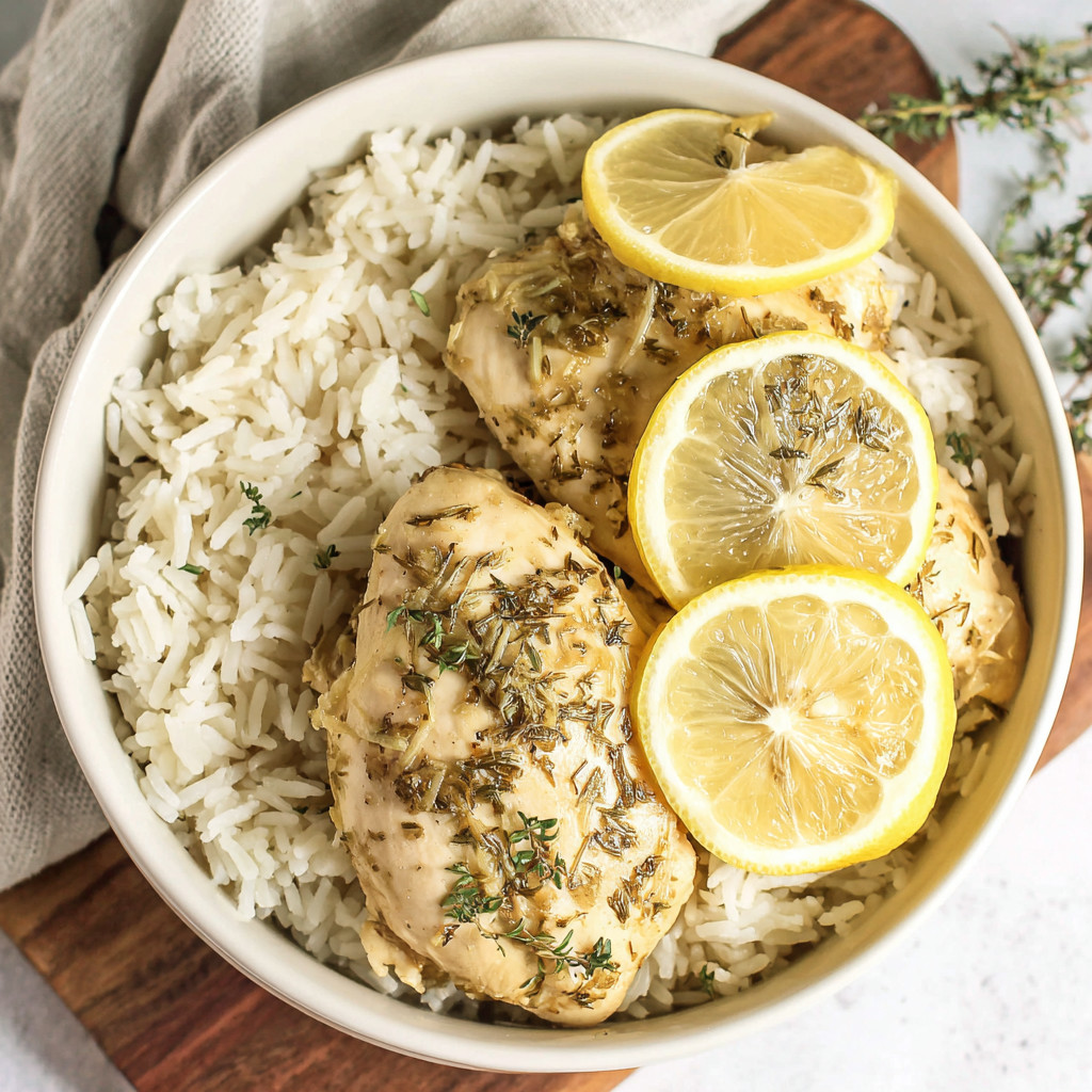 A bowl of rice with chicken and lemon slices.