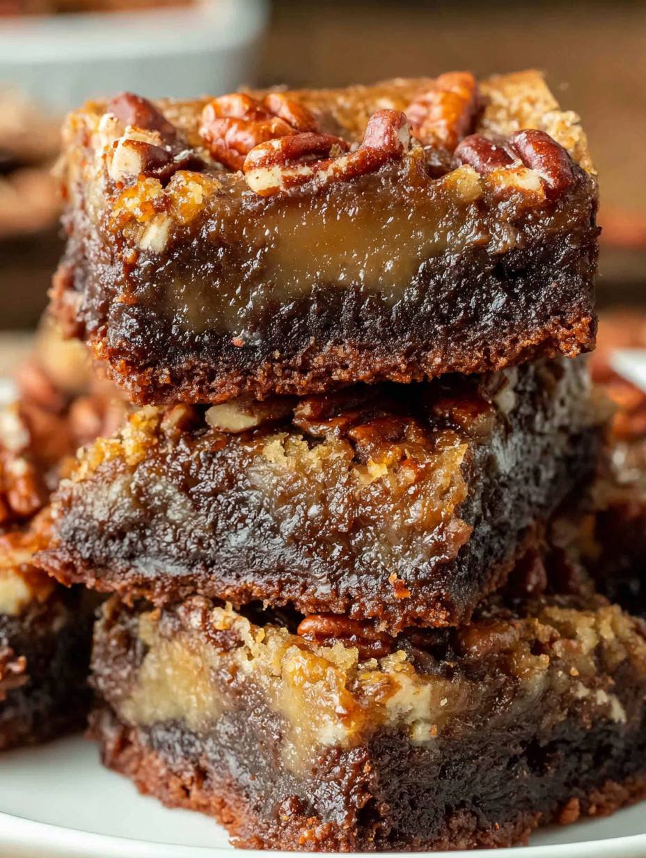 A stack of brownies with pecans.