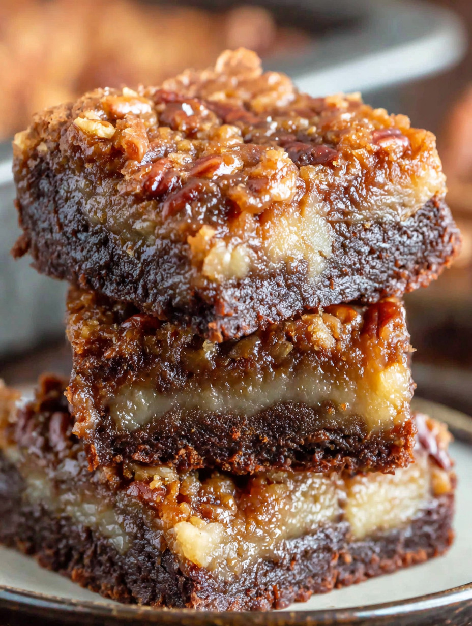 A stack of brownies with nuts on top.