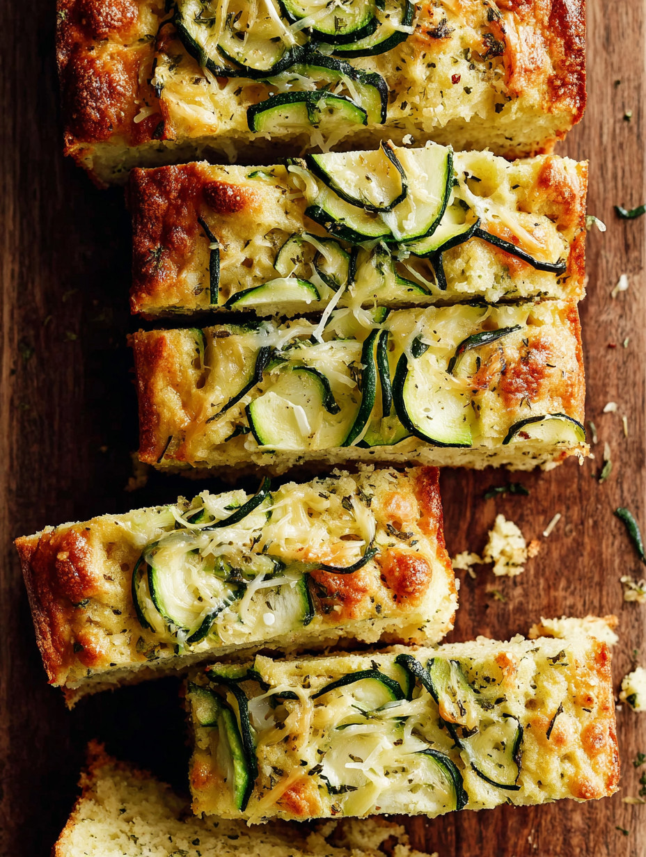 Slices of zucchini bread on a wooden table.