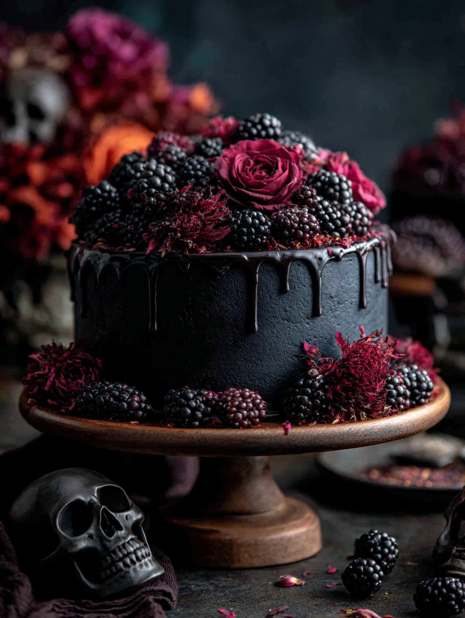 A cake with chocolate frosting and blackberries on top.