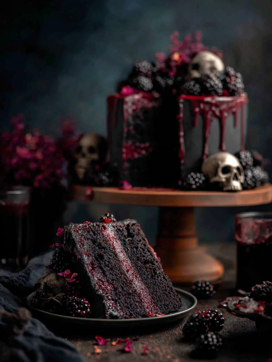 A cake with black frosting and berries on top.