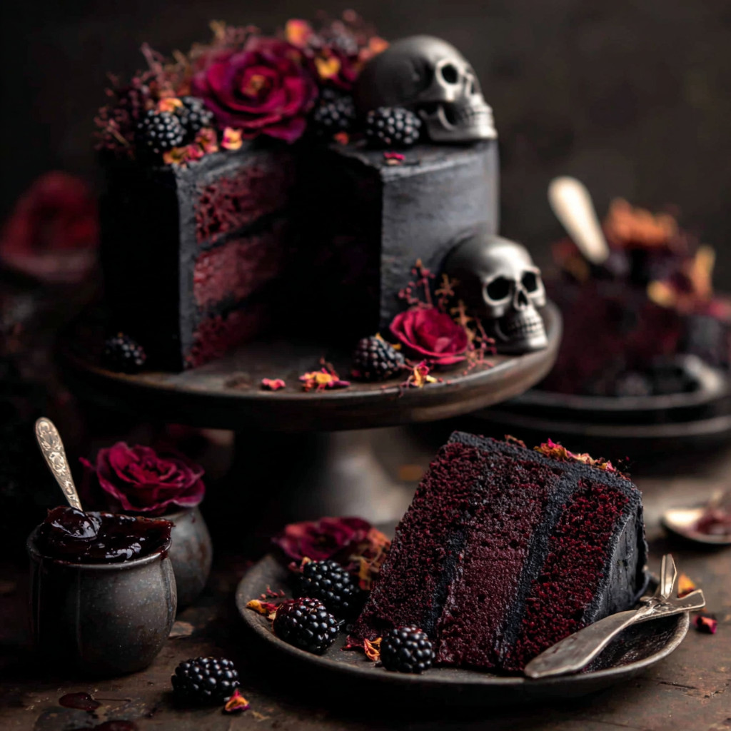 A slice of chocolate cake with a skull on top.