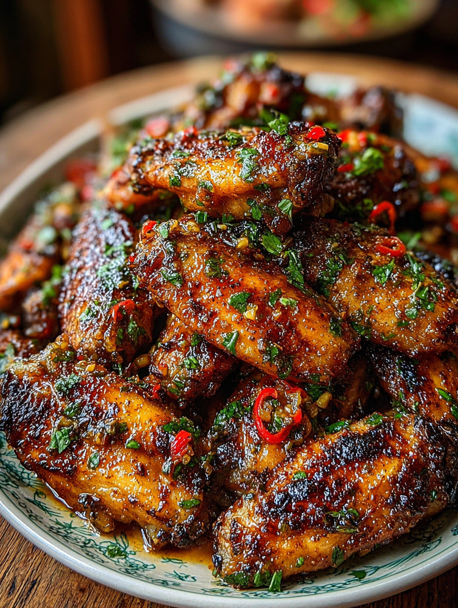 A plate of chicken wings with peppers and herbs.