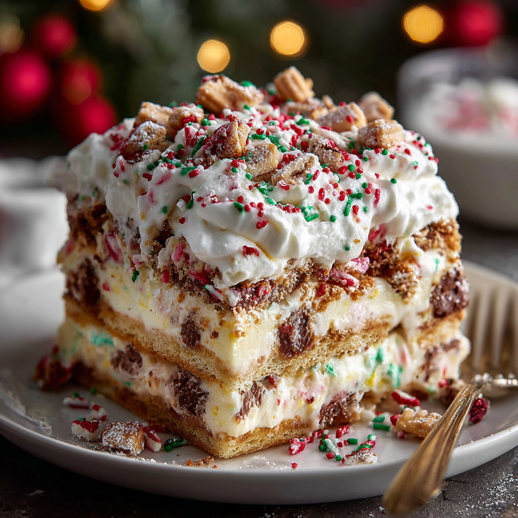 A cake with white frosting and candy decorations.
