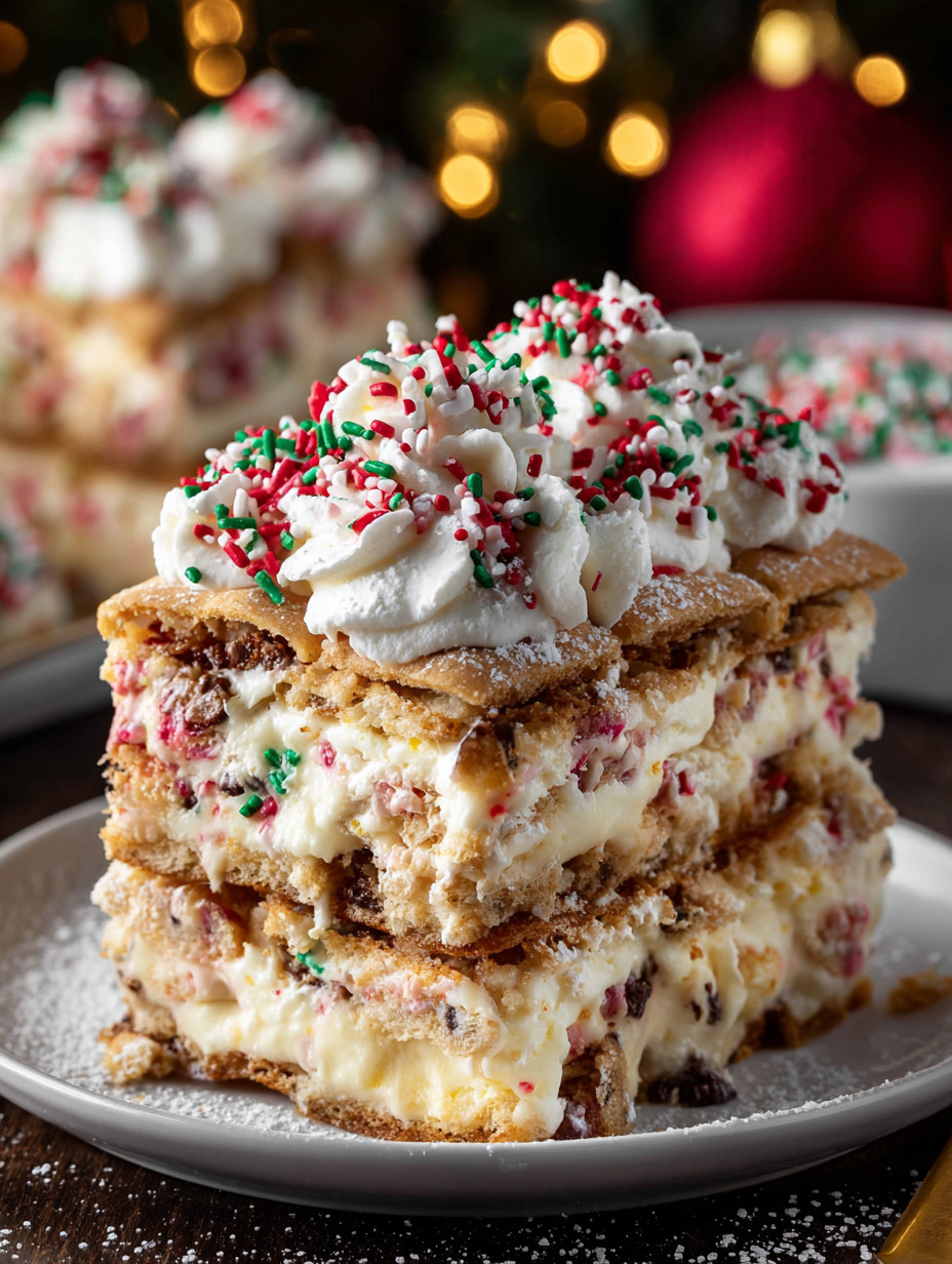 A stack of cake with white icing and red and green sprinkles.