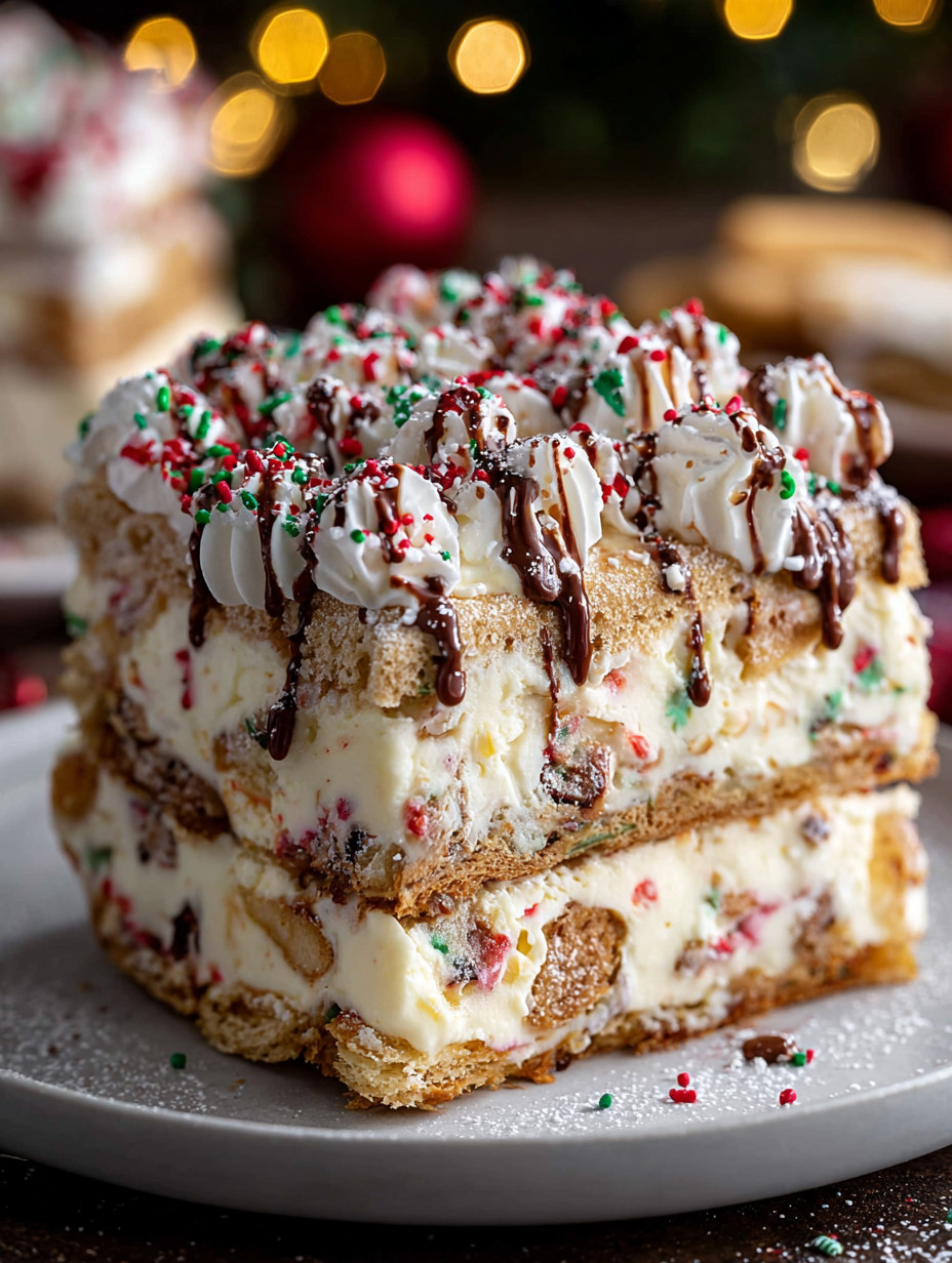 A cake with white frosting and chocolate drizzle.