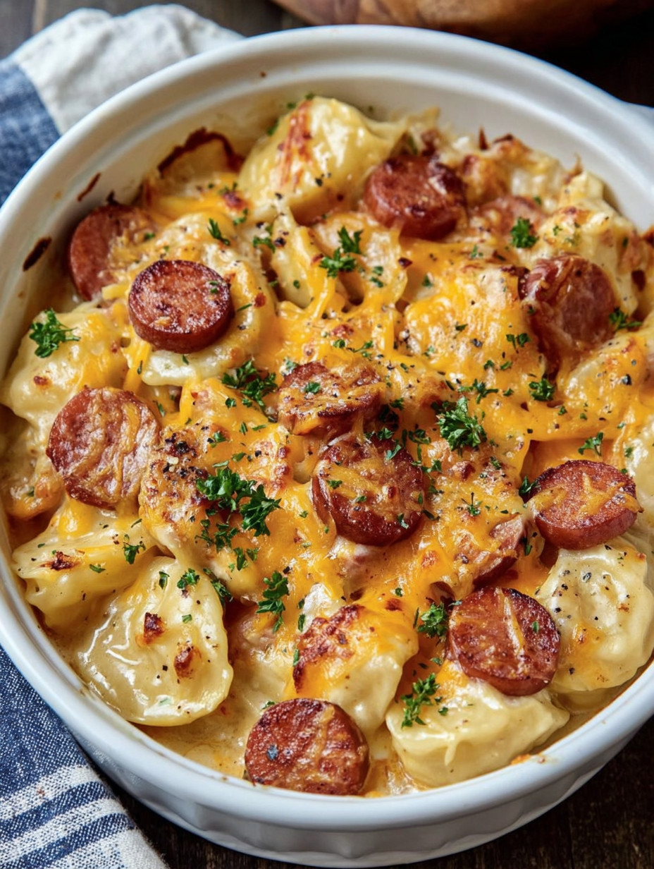 A bowl of food with sausage and cheese.