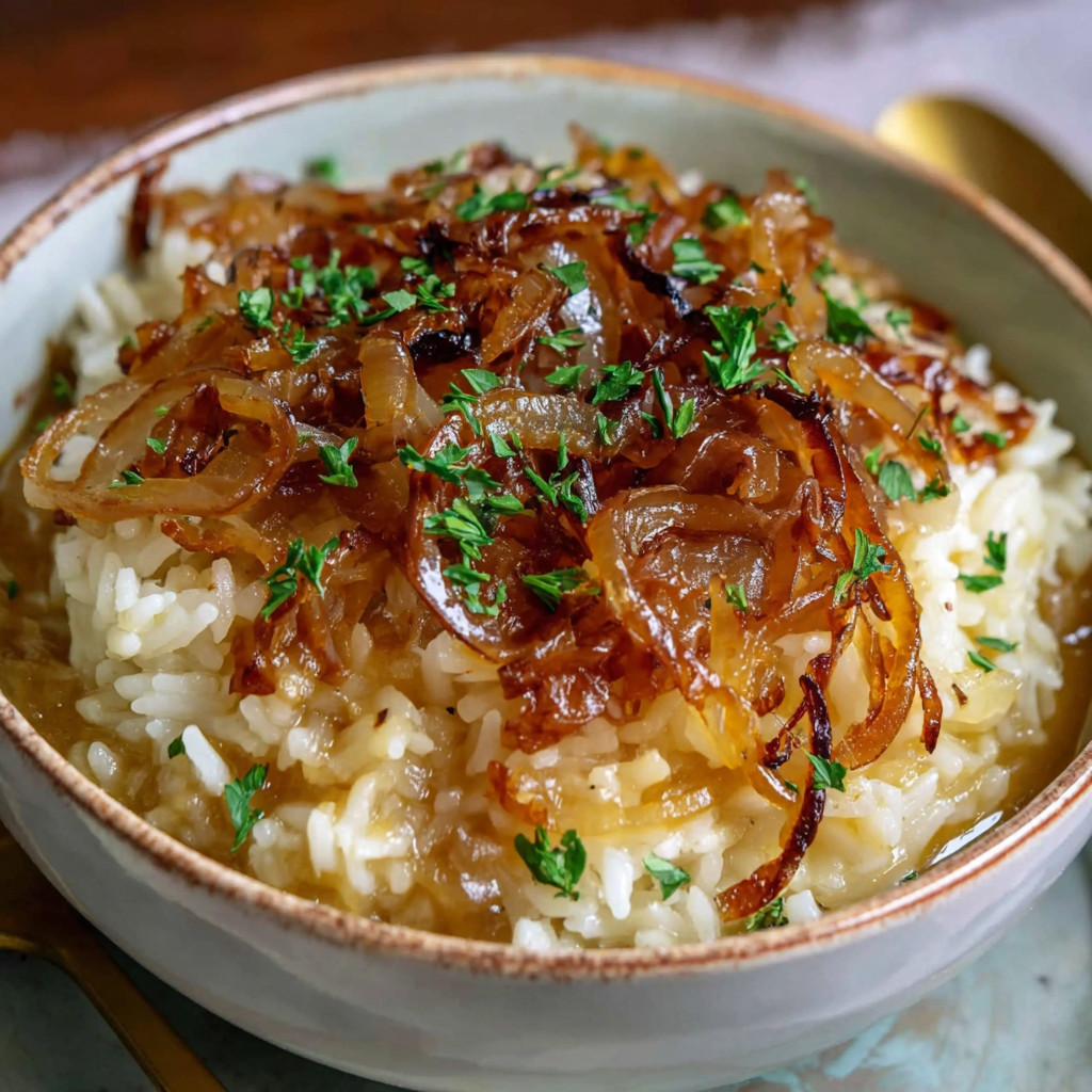 A bowl of rice with onions.
