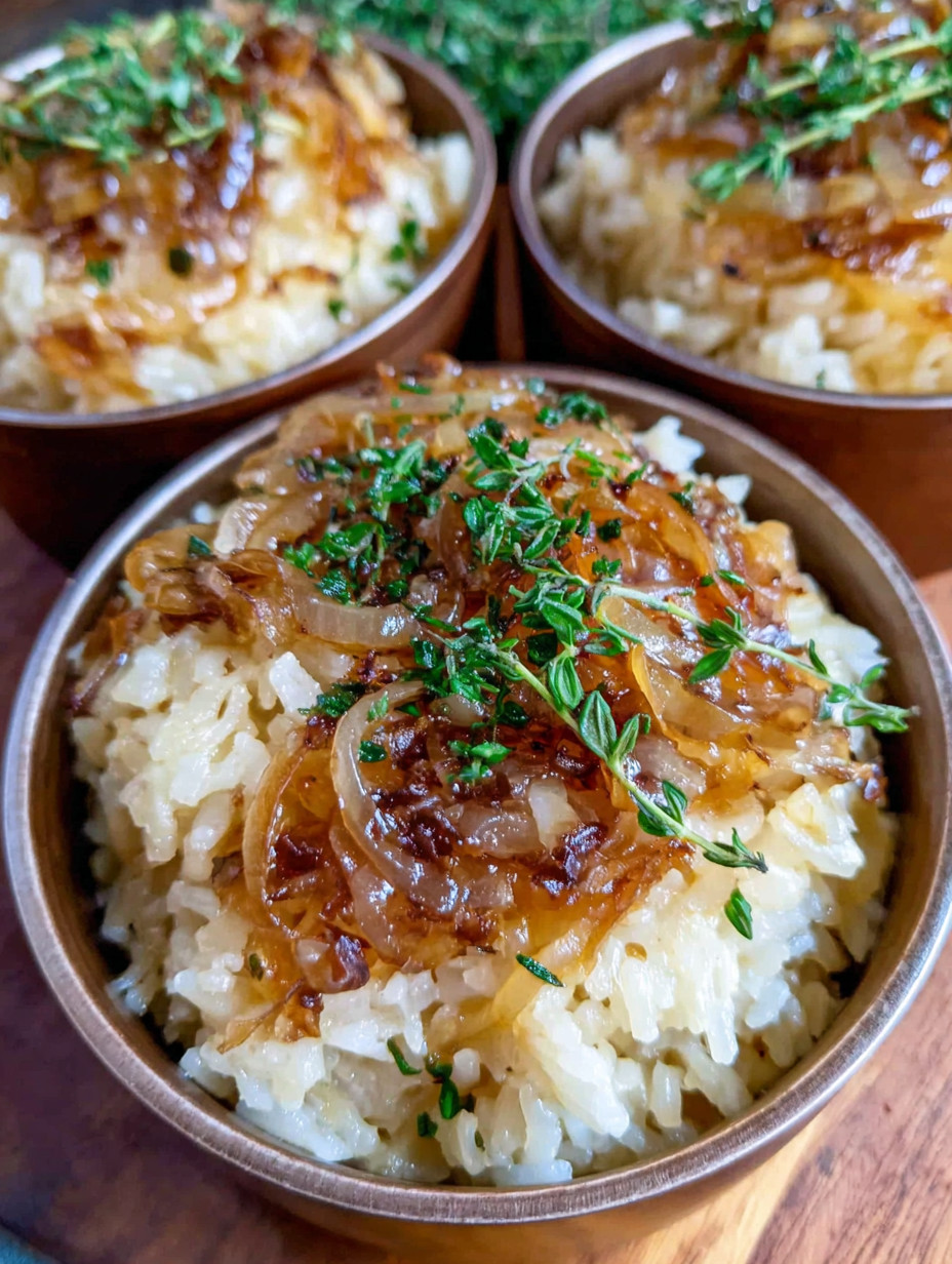 A close up of a bowl of rice with onions.