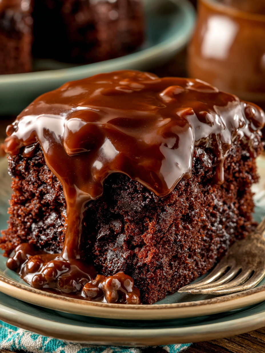 A chocolate cake with chocolate drizzle.