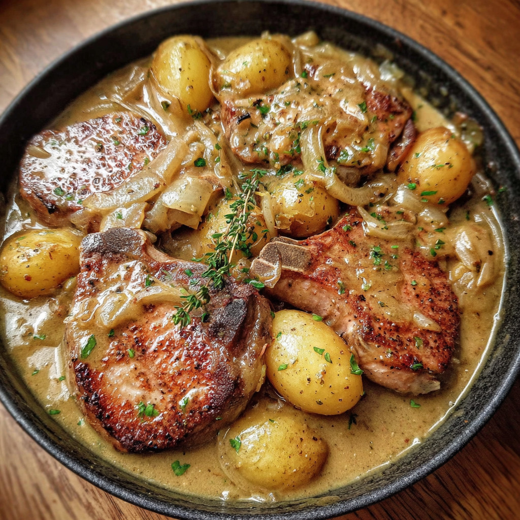 A bowl of food with meat and potatoes.