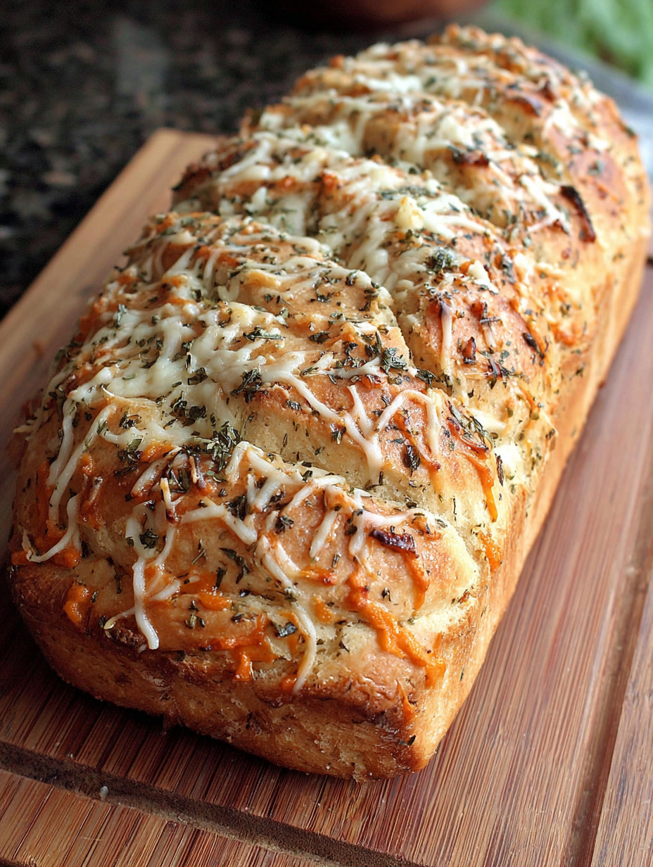 A loaf of bread with cheese and herbs on top.