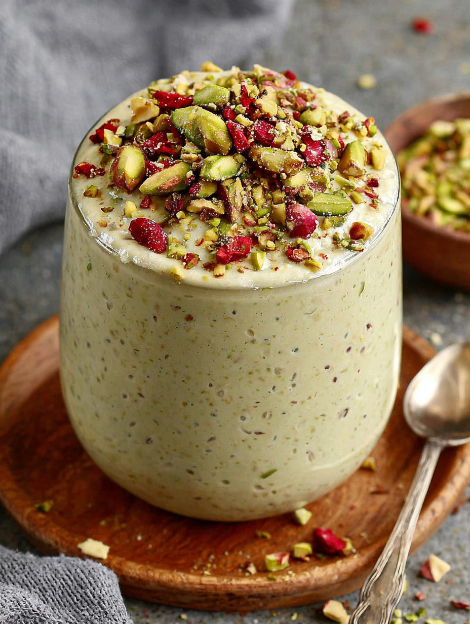 A glass of yogurt with nuts and fruit on top.