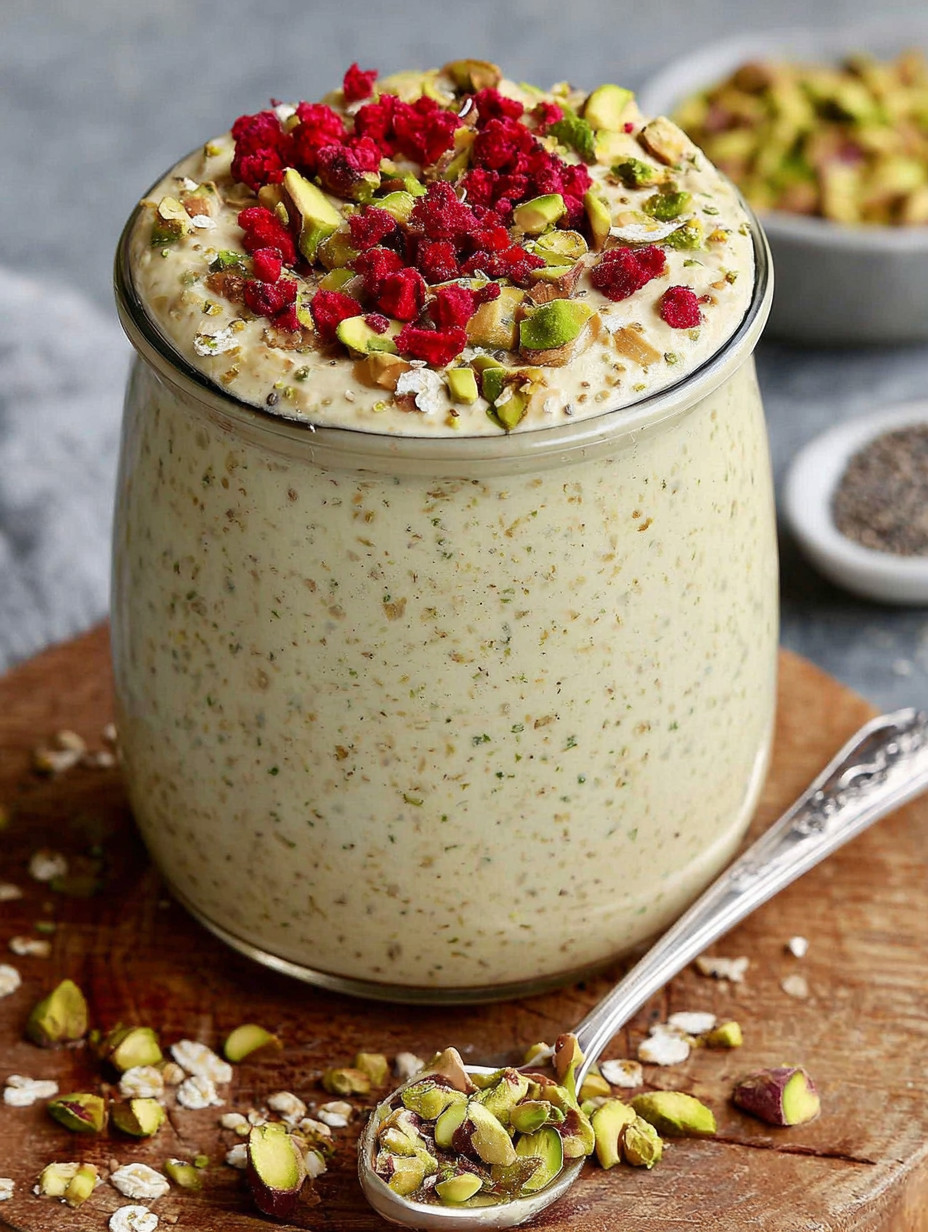 A glass jar filled with a green and red mixture.