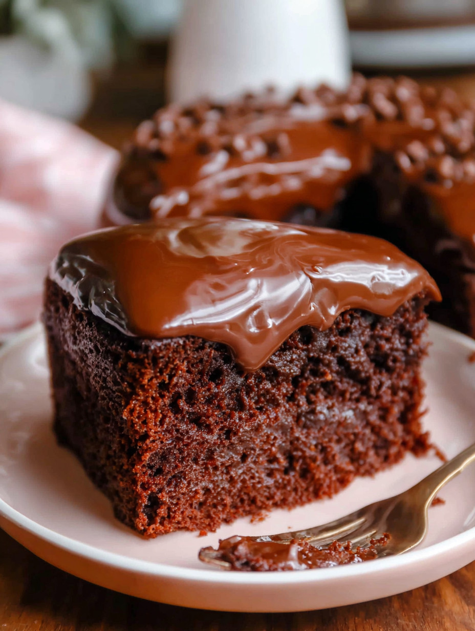 A slice of chocolate cake with chocolate icing.