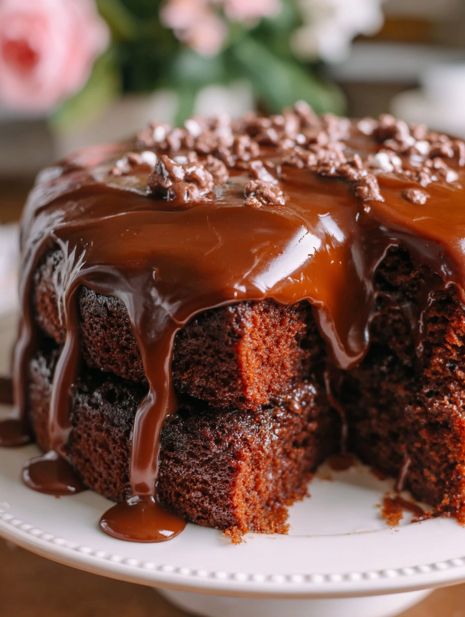 A chocolate cake with chocolate drizzle on a white plate.