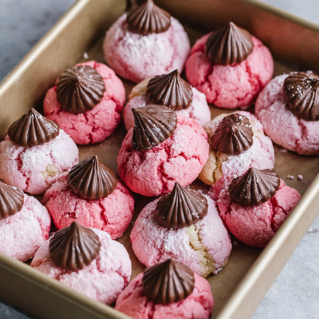 A pan of pink and white cookies with chocolate toppings.