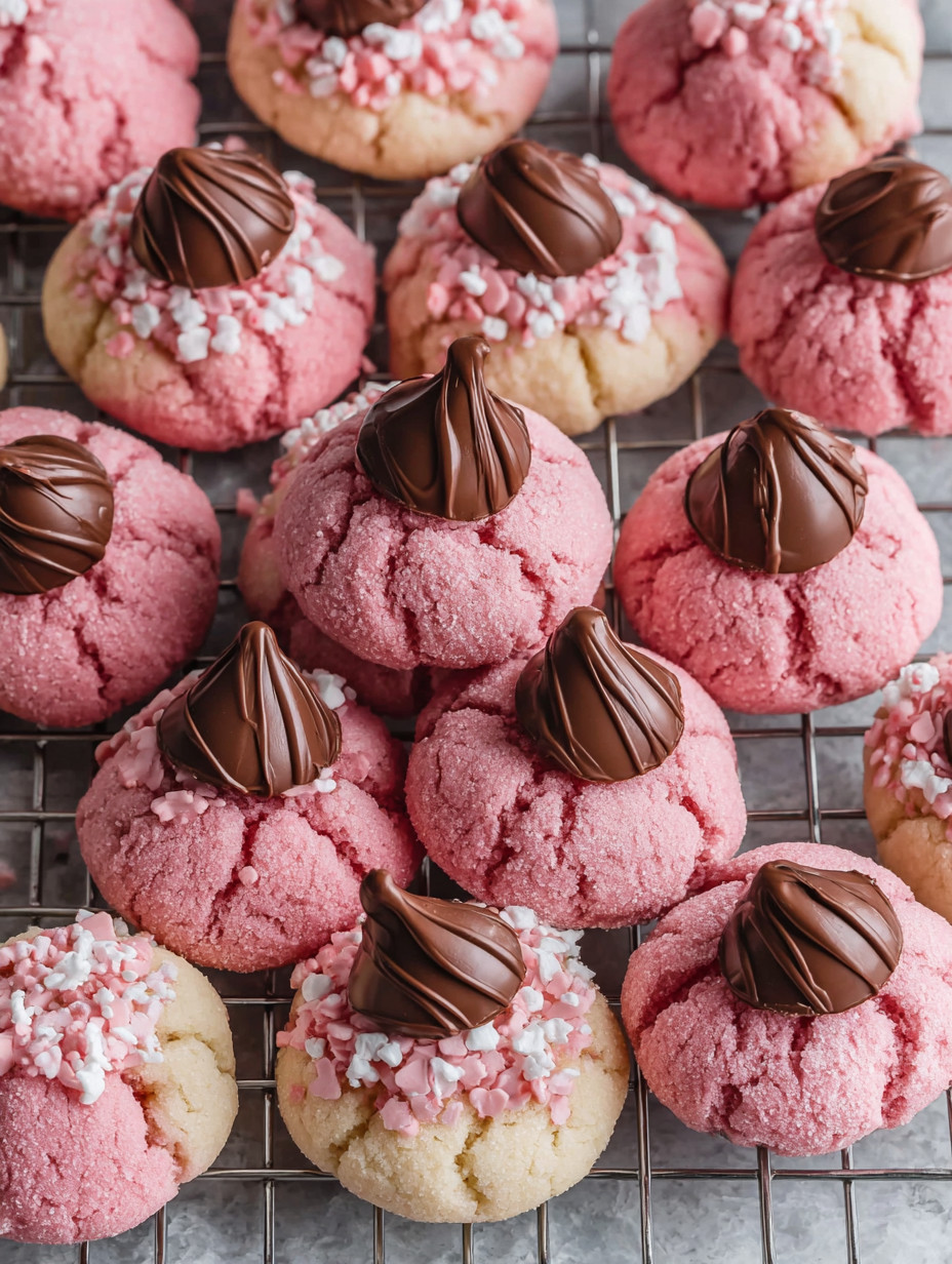 Pink cookies with chocolate drizzle and sprinkles.