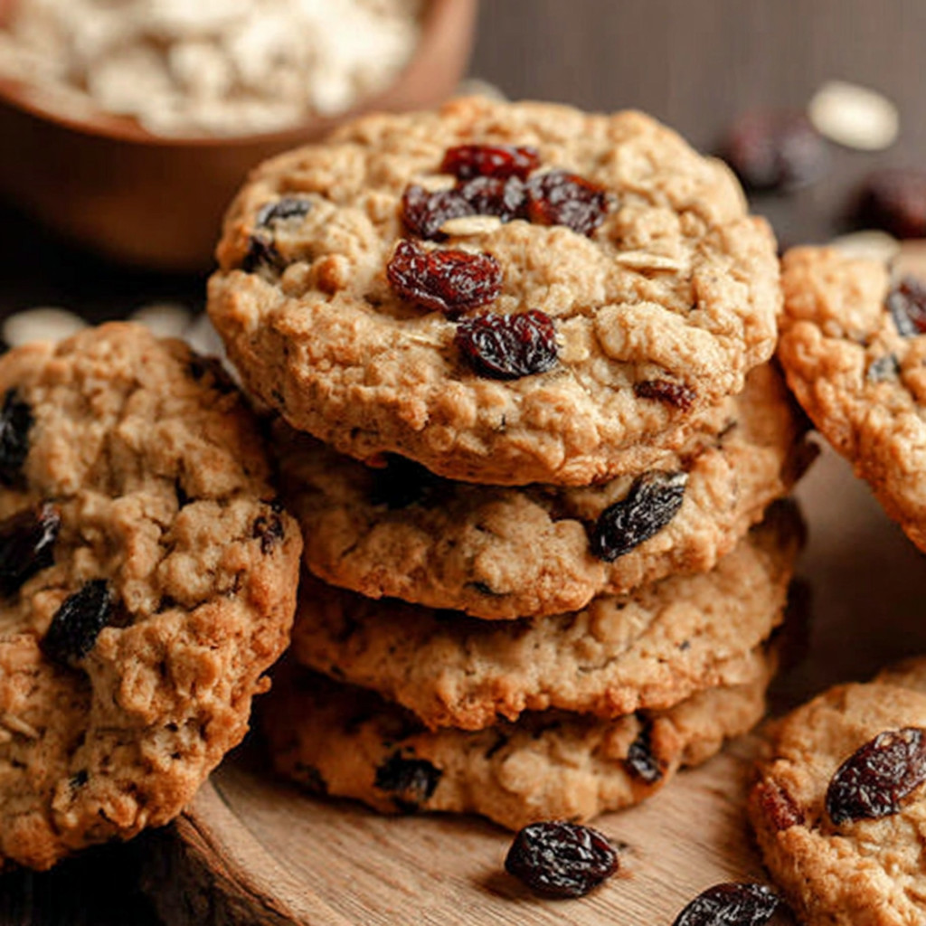 A stack of cookies with raisins on top.