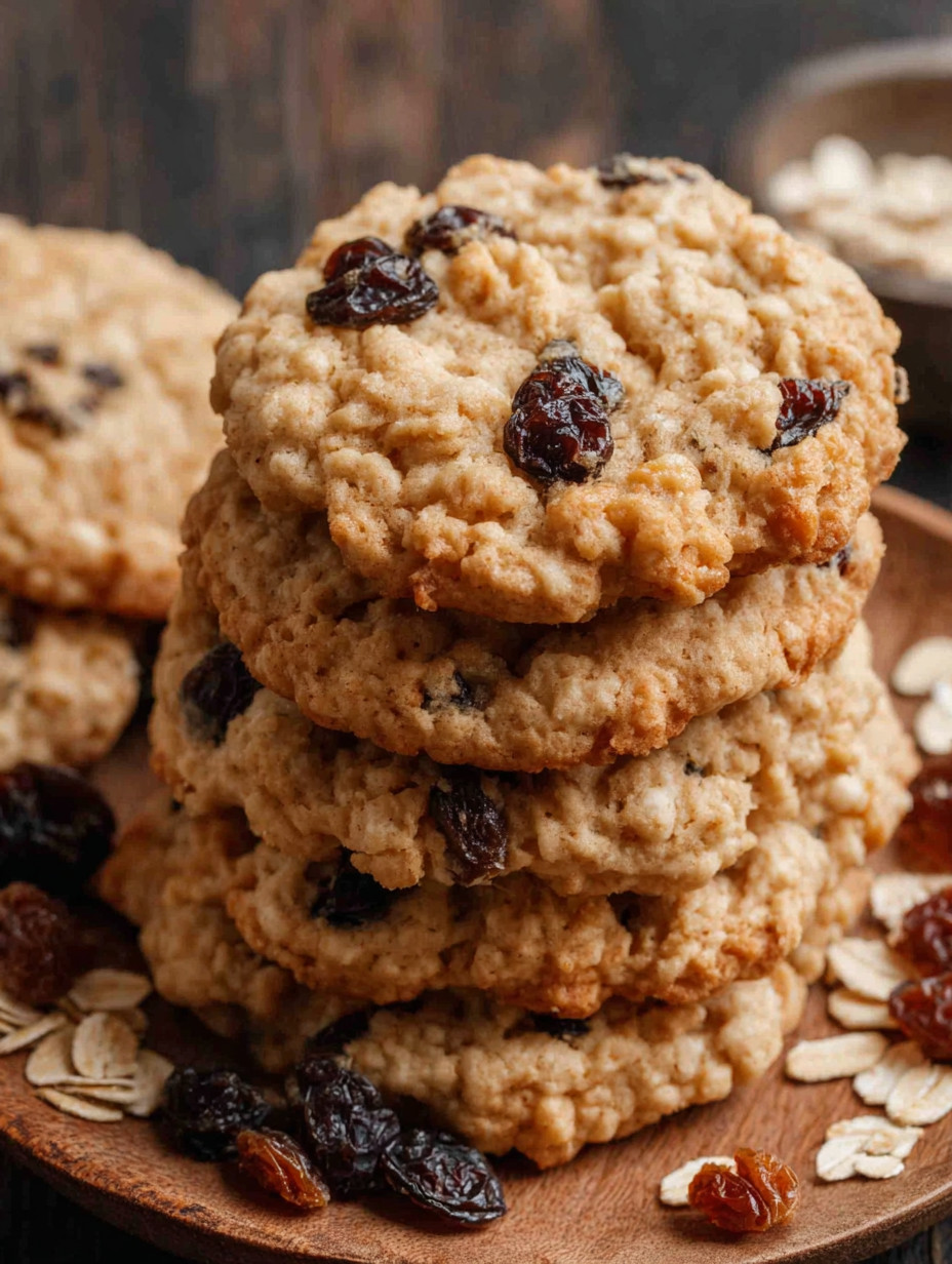 A stack of cookies with raisins on top.