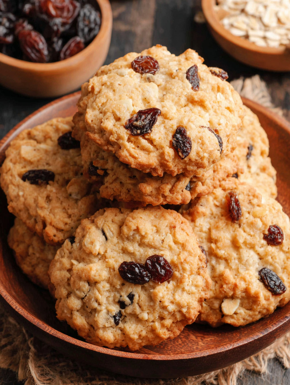 A bowl of cookies with raisins.
