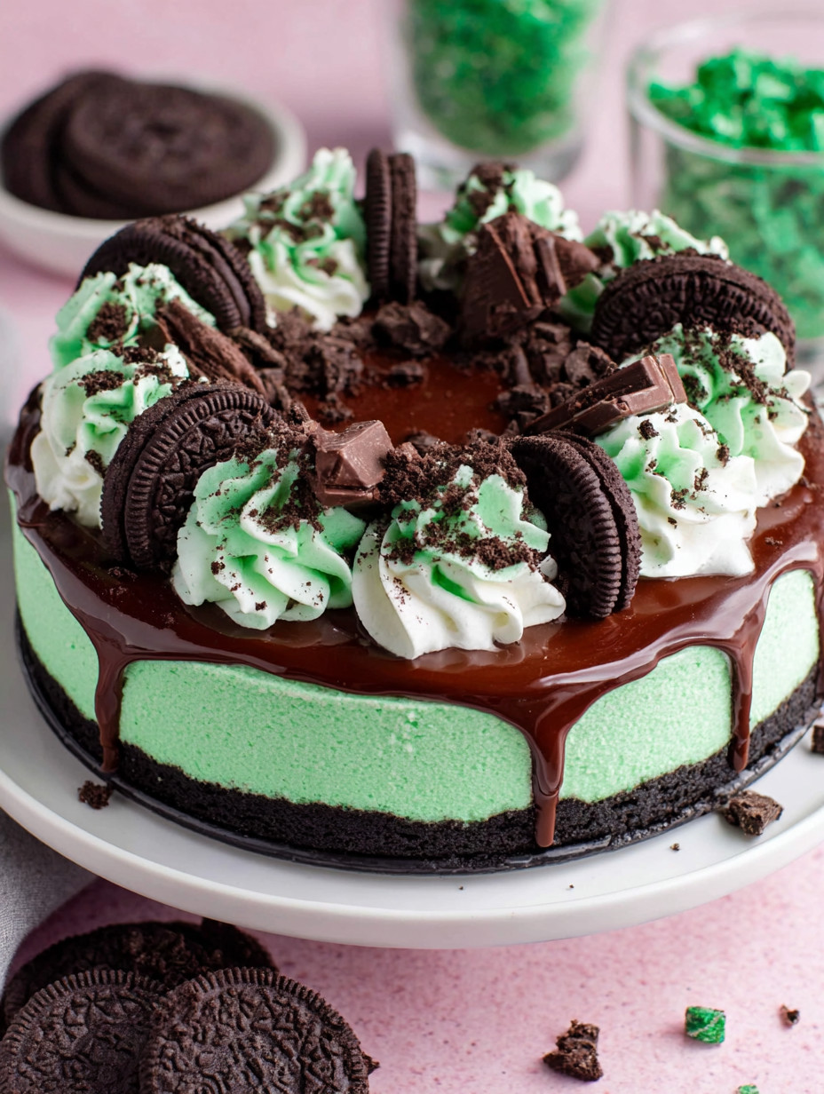 A slice of cake with chocolate and Oreo cookies.