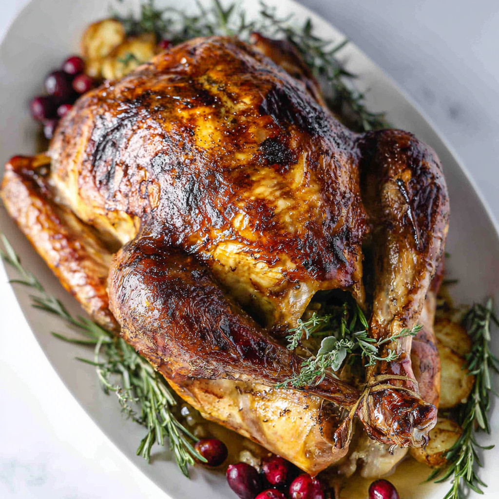 A roasted turkey with a side of potatoes and cranberries.