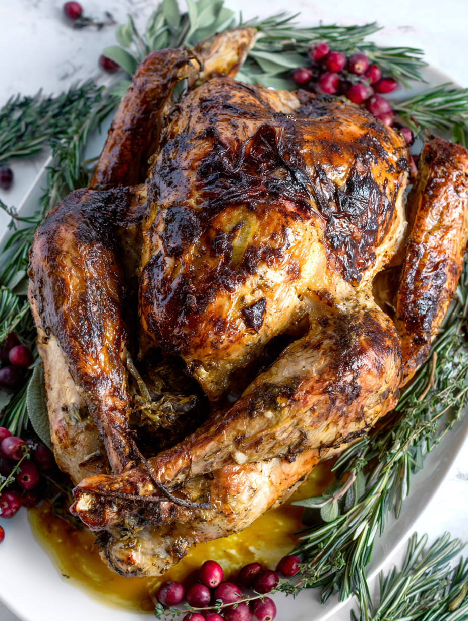 A roasted chicken with a crown of rosemary.
